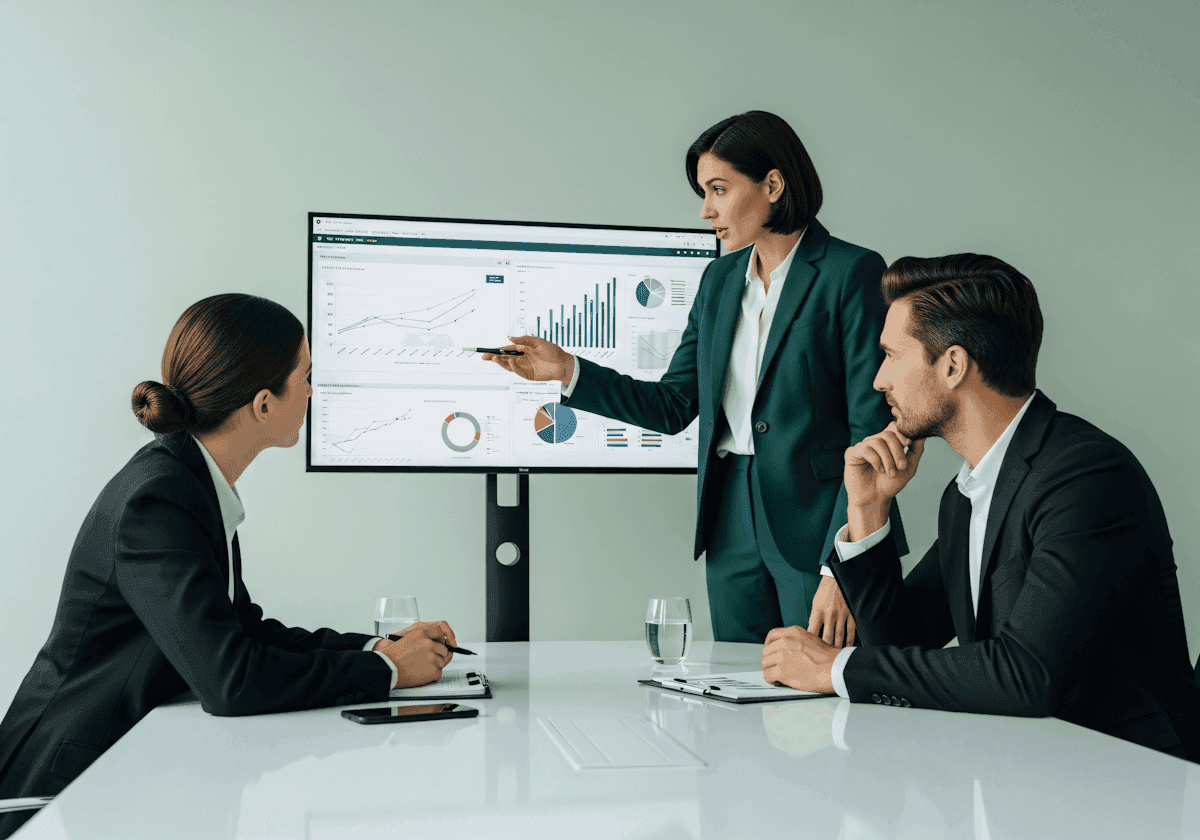 Consultant pointing at charts on a wall monitor while two colleagues look on.