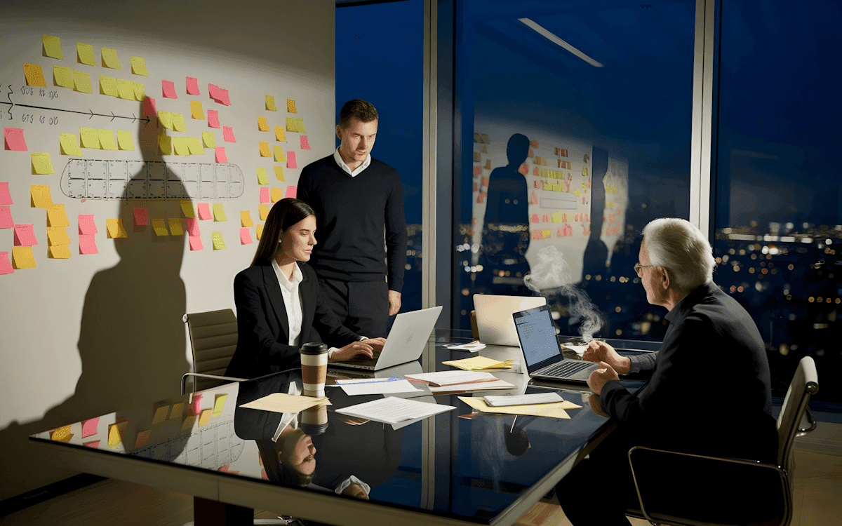 Team gathered around a table of notes in an office at night.
