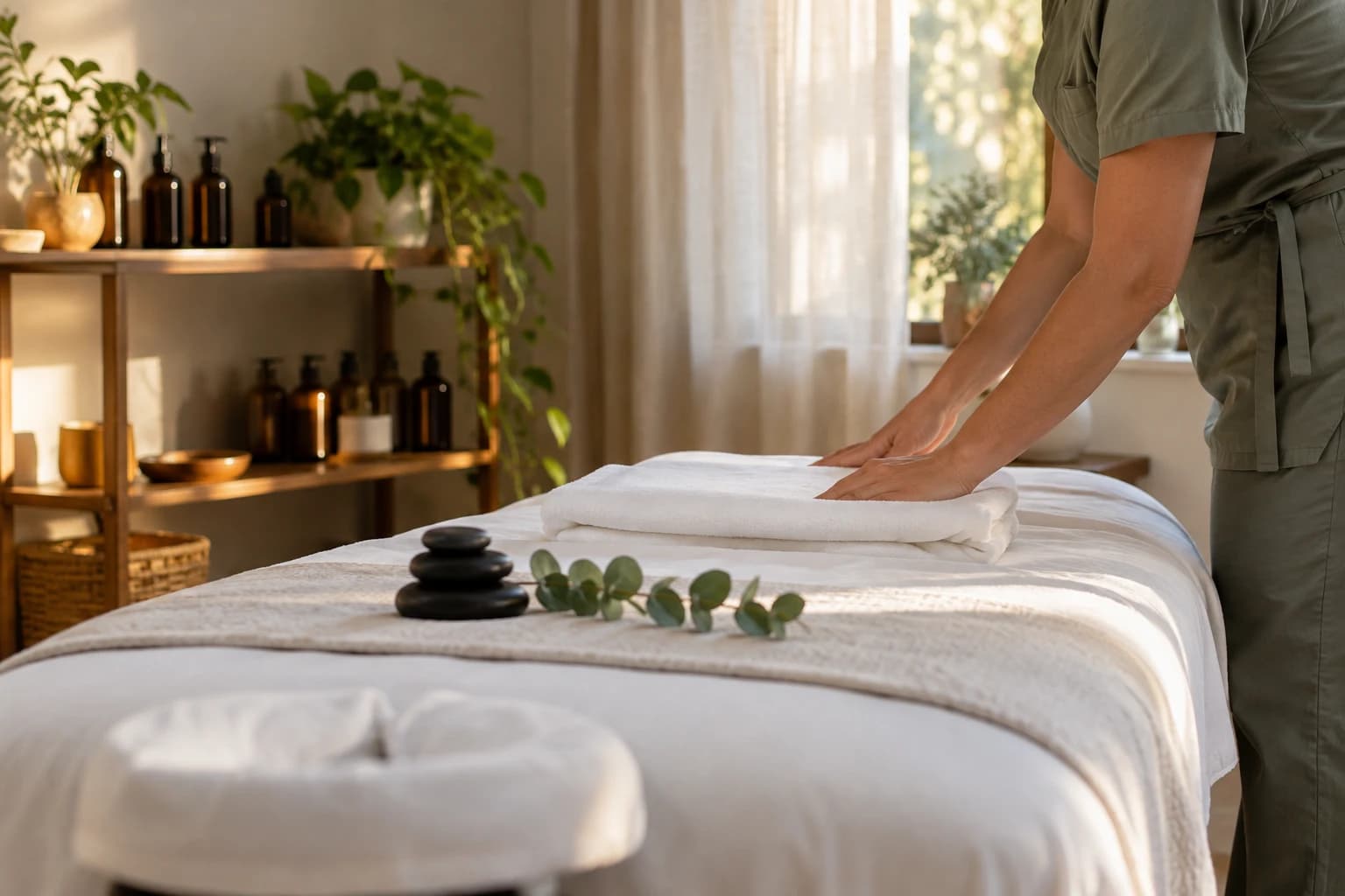 Massage therapist in a sage-green uniform smoothing a folded white towel on a massage table set with warm stones and a sprig of eucalyptus, in a sunlit treatment room with plants and amber bottles on wooden shelves.