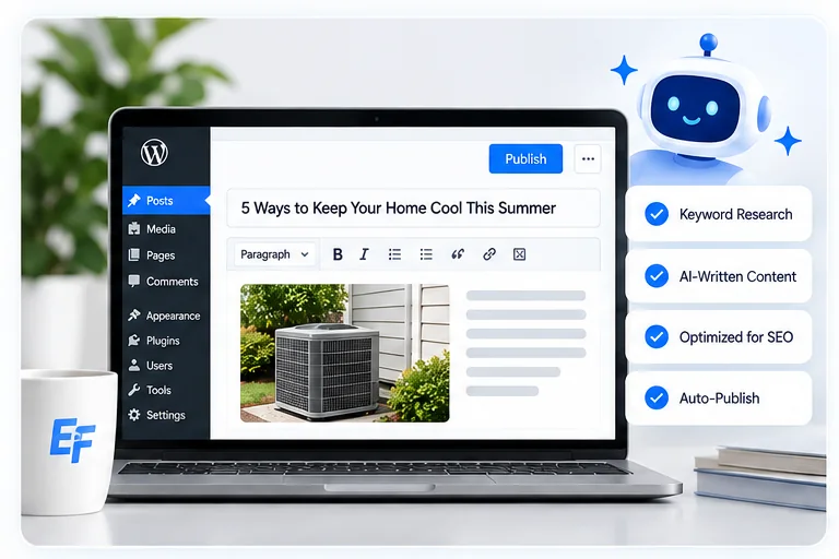 Illustration of a WordPress editor publishing a blog post about keeping a home cool, beside checklist chips for keyword research, AI-written content, SEO and auto-publish.