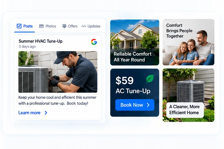 Illustration of Google Business Profile posts, photos and a tune-up offer for a home services company.