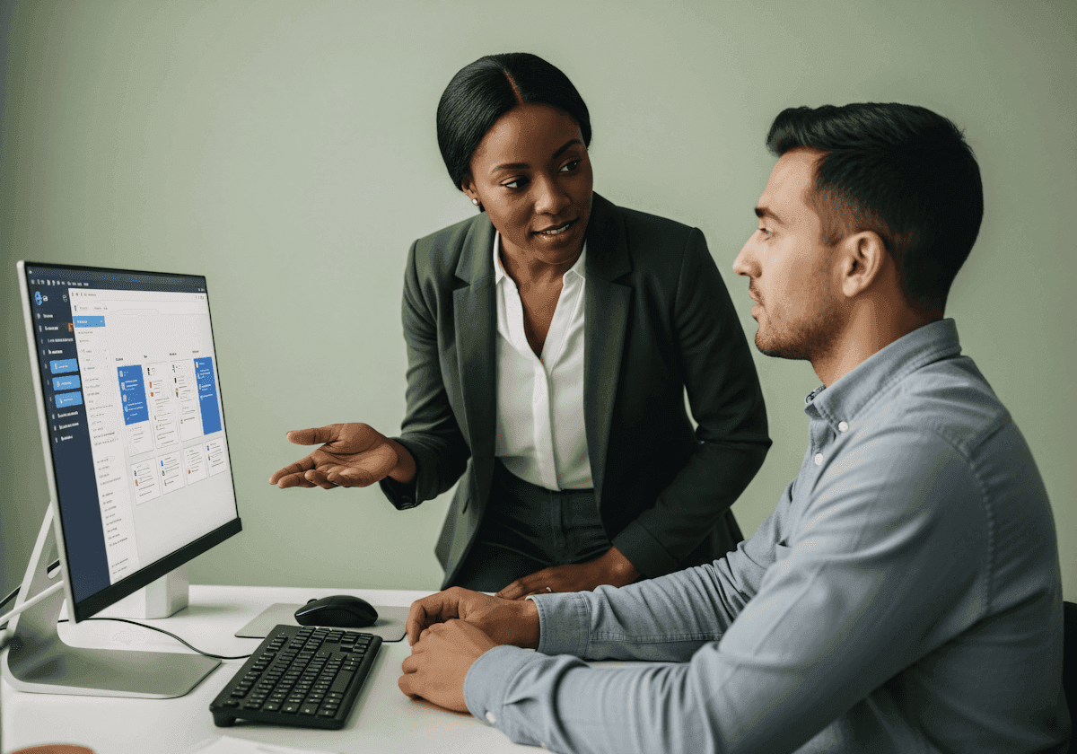Two colleagues discussing work at a desktop computer in an office.
