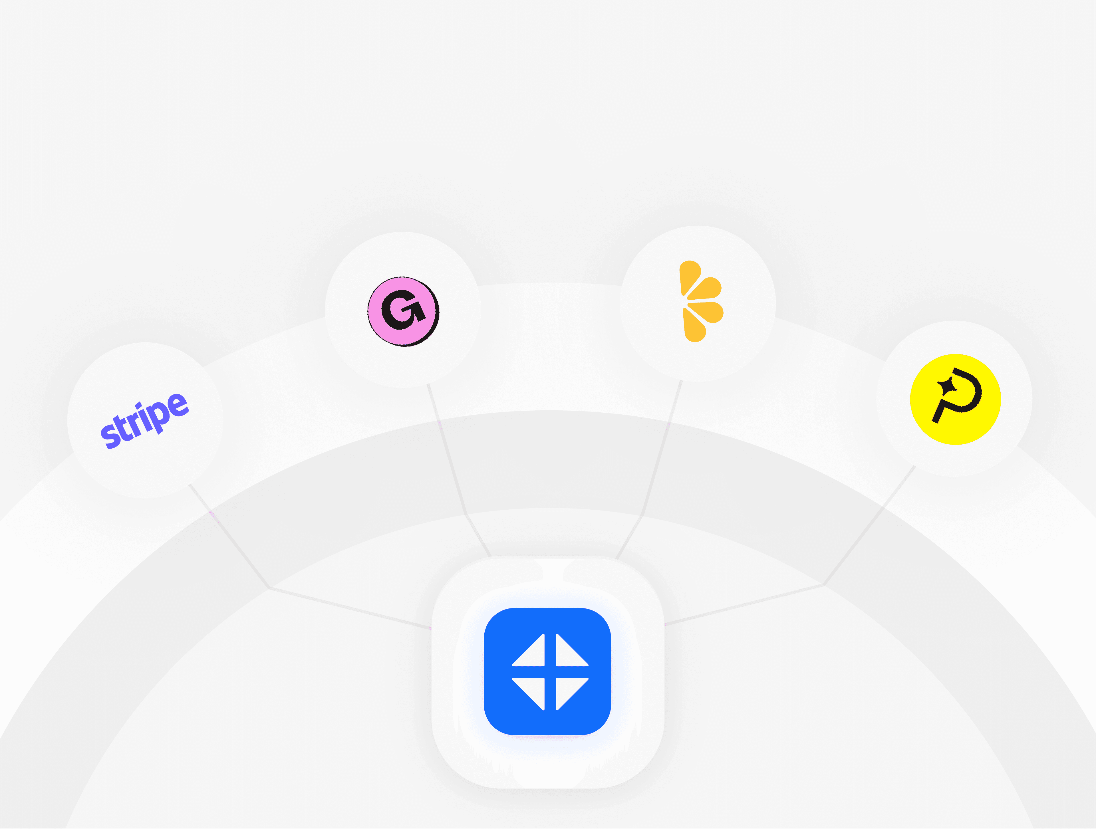 Hub with tool logos connecting inward, showing one-time account setup.