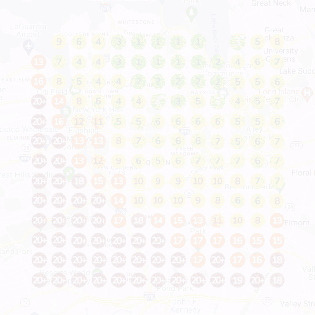 Example animation of a local search grid over a city map. Each pin shows a business's Google Maps position at that spot, and the pins change from red 20+ positions to mostly green 1s.